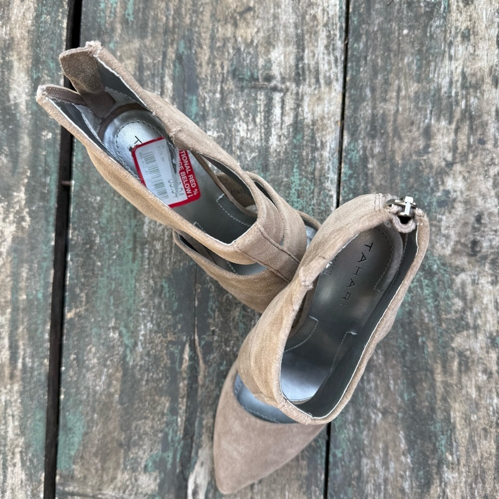 Tahari Steffi Taupe Suede Cutout Ankle Booties Stiletto Heel Size 6.5 - Picture 8 of 9